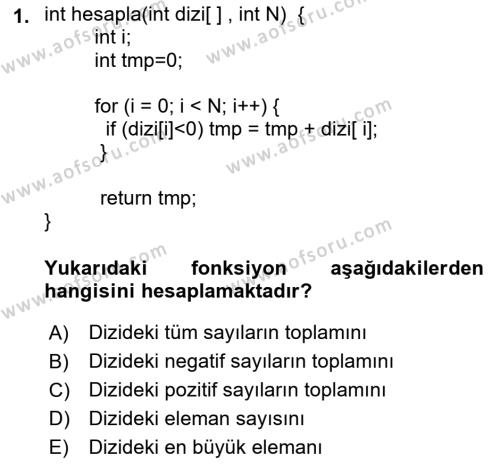 Algoritmalar Ve Programlama Dersi 2021 - 2022 Yılı (Final) Dönem Sonu Sınavı 1. Soru