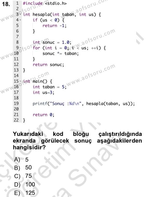 Algoritmalar Ve Programlama Dersi 2023 - 2024 Yılı (Vize) Ara Sınavı 18. Soru