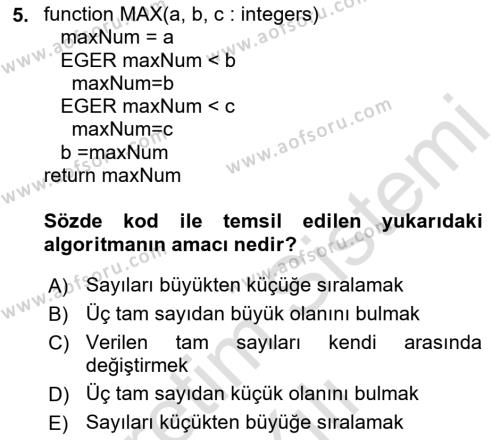 Algoritmalar Ve Programlama Dersi 2023 - 2024 Yılı (Vize) Ara Sınavı 5. Soru