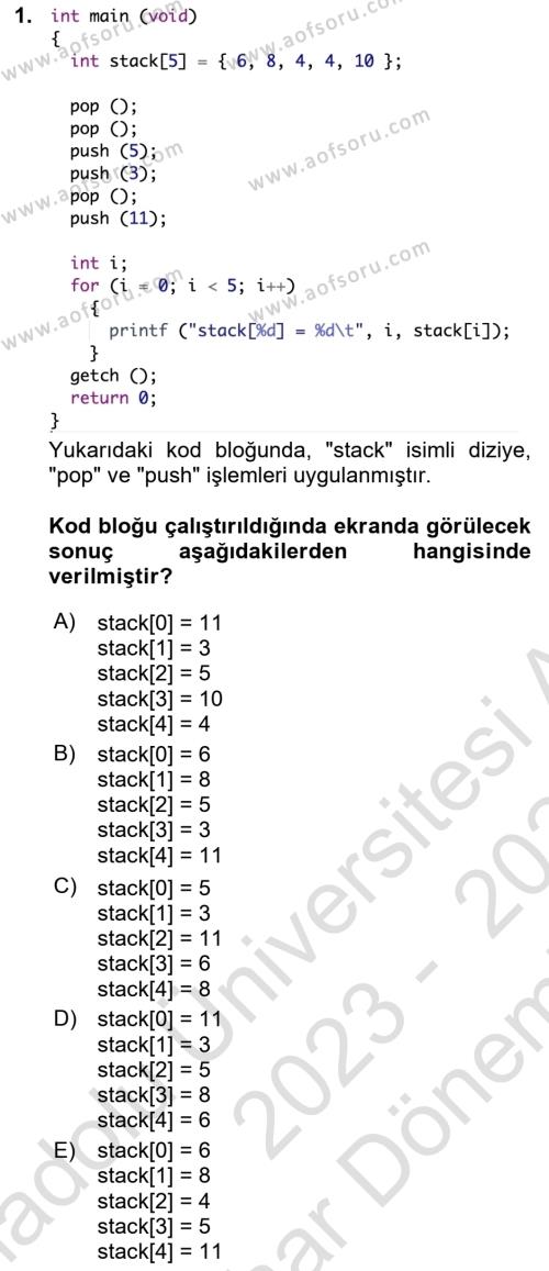 Algoritmalar Ve Programlama Dersi 2023 - 2024 Yılı (Final) Dönem Sonu Sınavı 1. Soru