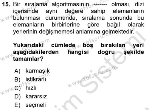 Algoritmalar Ve Programlama Dersi 2023 - 2024 Yılı (Final) Dönem Sonu Sınavı 15. Soru