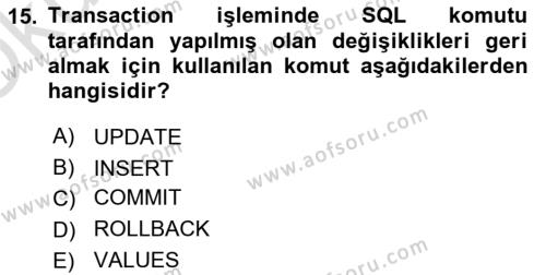 Veritabanı Sistemleri Dersi 2021 - 2022 Yılı Yaz Okulu Sınavı 15. Soru