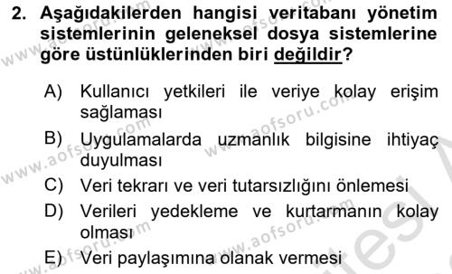 Veritabanı Sistemleri Dersi 2021 - 2022 Yılı Yaz Okulu Sınavı 2. Soru