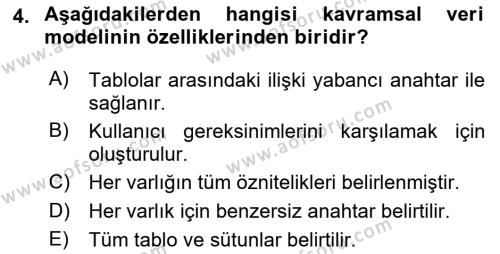 Veritabanı Sistemleri Dersi 2021 - 2022 Yılı Yaz Okulu Sınavı 4. Soru