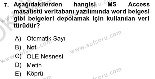 Veritabanı Sistemleri Dersi 2021 - 2022 Yılı Yaz Okulu Sınavı 7. Soru