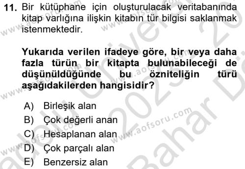 Veritabanı Sistemleri Dersi 2023 - 2024 Yılı (Vize) Ara Sınavı 11. Soru