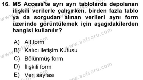 Veritabanı Sistemleri Dersi 2023 - 2024 Yılı (Vize) Ara Sınavı 16. Soru