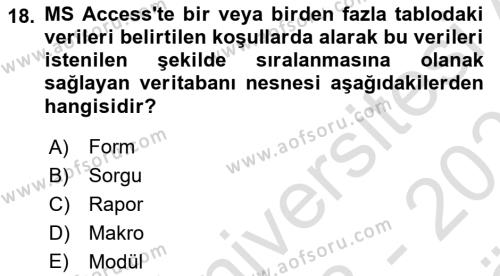 Veritabanı Sistemleri Dersi 2023 - 2024 Yılı (Vize) Ara Sınavı 18. Soru