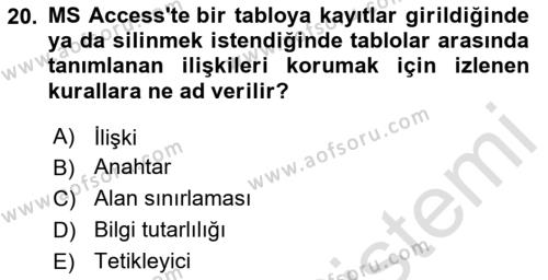 Veritabanı Sistemleri Dersi 2023 - 2024 Yılı (Vize) Ara Sınavı 20. Soru