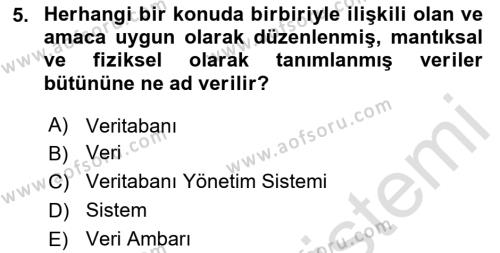 Veritabanı Sistemleri Dersi 2023 - 2024 Yılı (Vize) Ara Sınavı 5. Soru