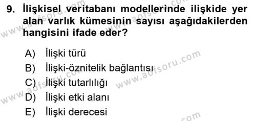 Veritabanı Sistemleri Dersi 2023 - 2024 Yılı (Vize) Ara Sınavı 9. Soru