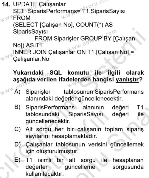 Veritabanı Sistemleri Dersi 2023 - 2024 Yılı (Final) Dönem Sonu Sınavı 14. Soru