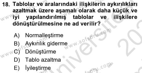 Veritabanı Sistemleri Dersi 2023 - 2024 Yılı (Final) Dönem Sonu Sınavı 18. Soru