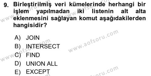 Veritabanı Sistemleri Dersi 2023 - 2024 Yılı (Final) Dönem Sonu Sınavı 9. Soru