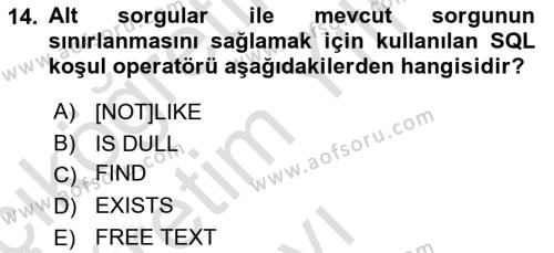 Veritabanı Sistemleri Dersi 2023 - 2024 Yılı Yaz Okulu Sınavı 14. Soru