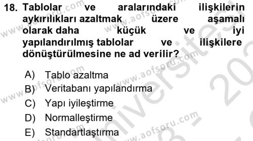 Veritabanı Sistemleri Dersi 2023 - 2024 Yılı Yaz Okulu Sınavı 18. Soru