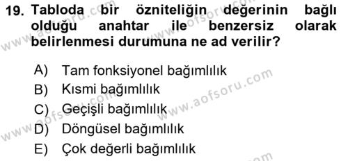 Veritabanı Sistemleri Dersi 2023 - 2024 Yılı Yaz Okulu Sınavı 19. Soru