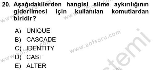 Veritabanı Sistemleri Dersi 2023 - 2024 Yılı Yaz Okulu Sınavı 20. Soru