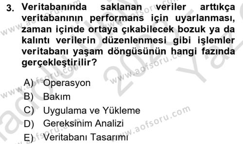 Veritabanı Sistemleri Dersi 2023 - 2024 Yılı Yaz Okulu Sınavı 3. Soru