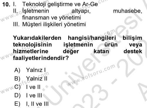 Bilişim Sistemleri Dersi 2023 - 2024 Yılı (Vize) Ara Sınavı 10. Soru