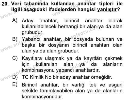 Bilişim Sistemleri Dersi 2023 - 2024 Yılı (Final) Dönem Sonu Sınavı 20. Soru