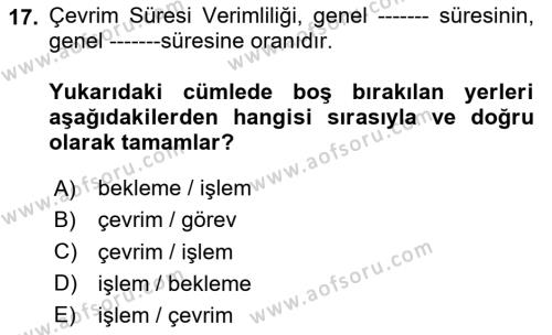 İş Süreçleri Yönetimi Dersi 2020 - 2021 Yılı Yaz Okulu Sınavı 17. Soru