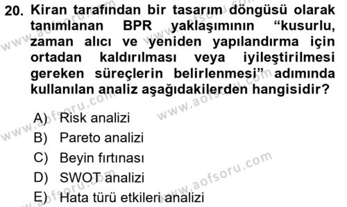 İş Süreçleri Yönetimi Dersi 2020 - 2021 Yılı Yaz Okulu Sınavı 20. Soru