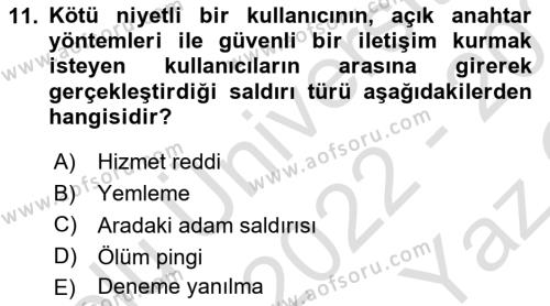 Ağ Yönetimi Ve Bilgi Güvenliği Dersi 2022 - 2023 Yılı Yaz Okulu Sınavı 11. Soru