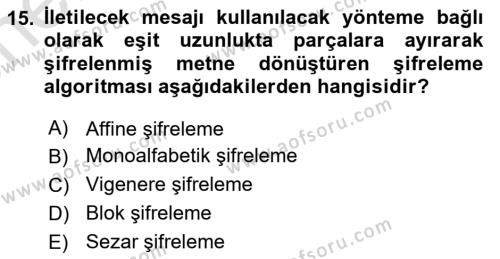 Ağ Yönetimi Ve Bilgi Güvenliği Dersi 2023 - 2024 Yılı (Vize) Ara Sınavı 15. Soru