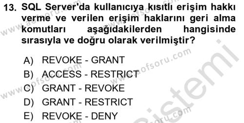 Veritabanı Programlama Dersi 2022 - 2023 Yılı Yaz Okulu Sınavı 13. Soru