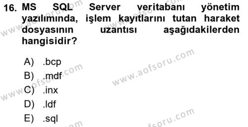 Veritabanı Programlama Dersi 2022 - 2023 Yılı Yaz Okulu Sınavı 16. Soru