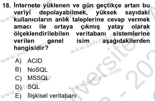 Veritabanı Programlama Dersi 2022 - 2023 Yılı Yaz Okulu Sınavı 18. Soru