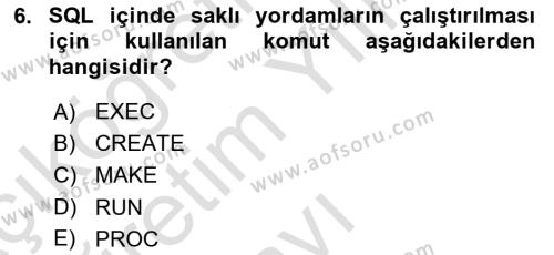 Veritabanı Programlama Dersi 2022 - 2023 Yılı Yaz Okulu Sınavı 6. Soru