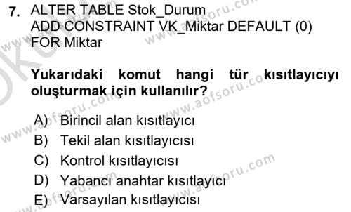 Veritabanı Programlama Dersi 2022 - 2023 Yılı Yaz Okulu Sınavı 7. Soru