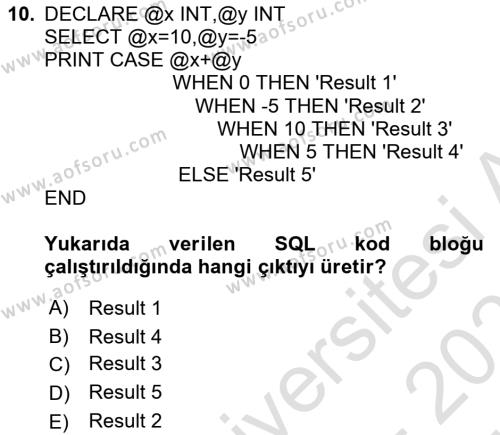 Veritabanı Programlama Dersi 2023 - 2024 Yılı (Vize) Ara Sınavı 10. Soru