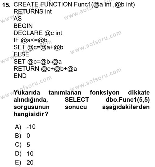 Veritabanı Programlama Dersi 2023 - 2024 Yılı (Vize) Ara Sınavı 15. Soru