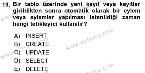 Veritabanı Programlama Dersi 2023 - 2024 Yılı (Vize) Ara Sınavı 19. Soru