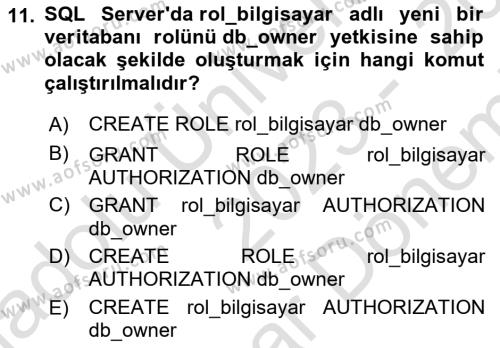 Veritabanı Programlama Dersi 2023 - 2024 Yılı (Final) Dönem Sonu Sınavı 11. Soru