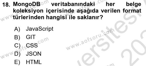 Veritabanı Programlama Dersi 2023 - 2024 Yılı (Final) Dönem Sonu Sınavı 18. Soru