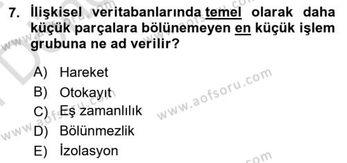 Veritabanı Programlama Dersi 2023 - 2024 Yılı (Final) Dönem Sonu Sınavı 7. Soru