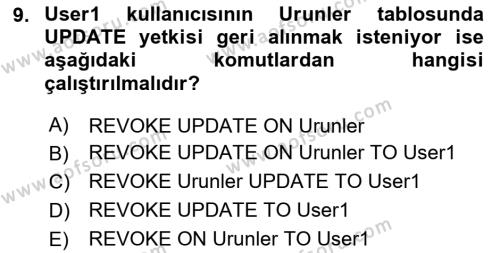 Veritabanı Programlama Dersi 2023 - 2024 Yılı (Final) Dönem Sonu Sınavı 9. Soru