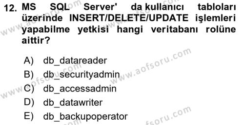 Veritabanı Programlama Dersi 2023 - 2024 Yılı Yaz Okulu Sınavı 12. Soru