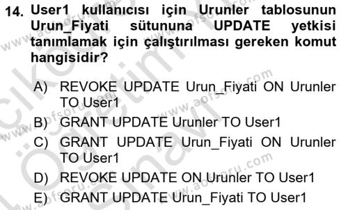 Veritabanı Programlama Dersi 2023 - 2024 Yılı Yaz Okulu Sınavı 14. Soru