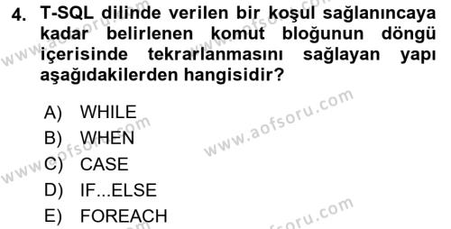 Veritabanı Programlama Dersi 2023 - 2024 Yılı Yaz Okulu Sınavı 4. Soru
