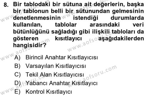 Veritabanı Programlama Dersi 2023 - 2024 Yılı Yaz Okulu Sınavı 8. Soru