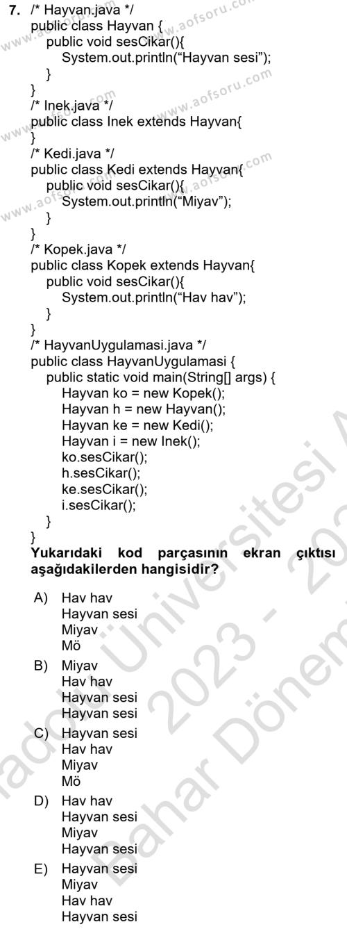 İleri Programlama Dersi 2023 - 2024 Yılı (Final) Dönem Sonu Sınavı 7. Soru