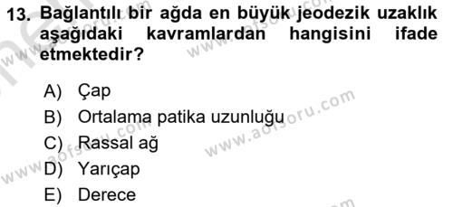 Sosyal Ağ Analizi Dersi 2021 - 2022 Yılı (Vize) Ara Sınavı 13. Soru