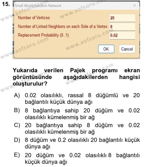 Sosyal Ağ Analizi Dersi 2023 - 2024 Yılı (Final) Dönem Sonu Sınavı 15. Soru