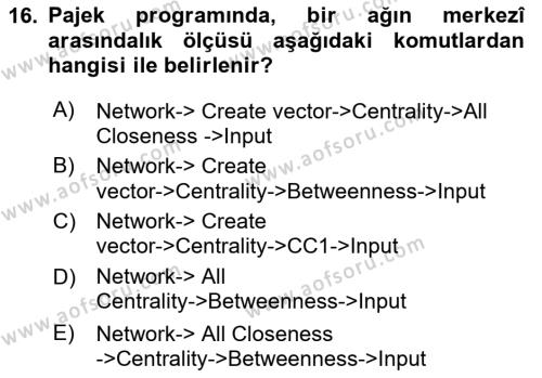 Sosyal Ağ Analizi Dersi 2023 - 2024 Yılı (Final) Dönem Sonu Sınavı 16. Soru