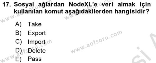 Sosyal Ağ Analizi Dersi 2023 - 2024 Yılı (Final) Dönem Sonu Sınavı 17. Soru